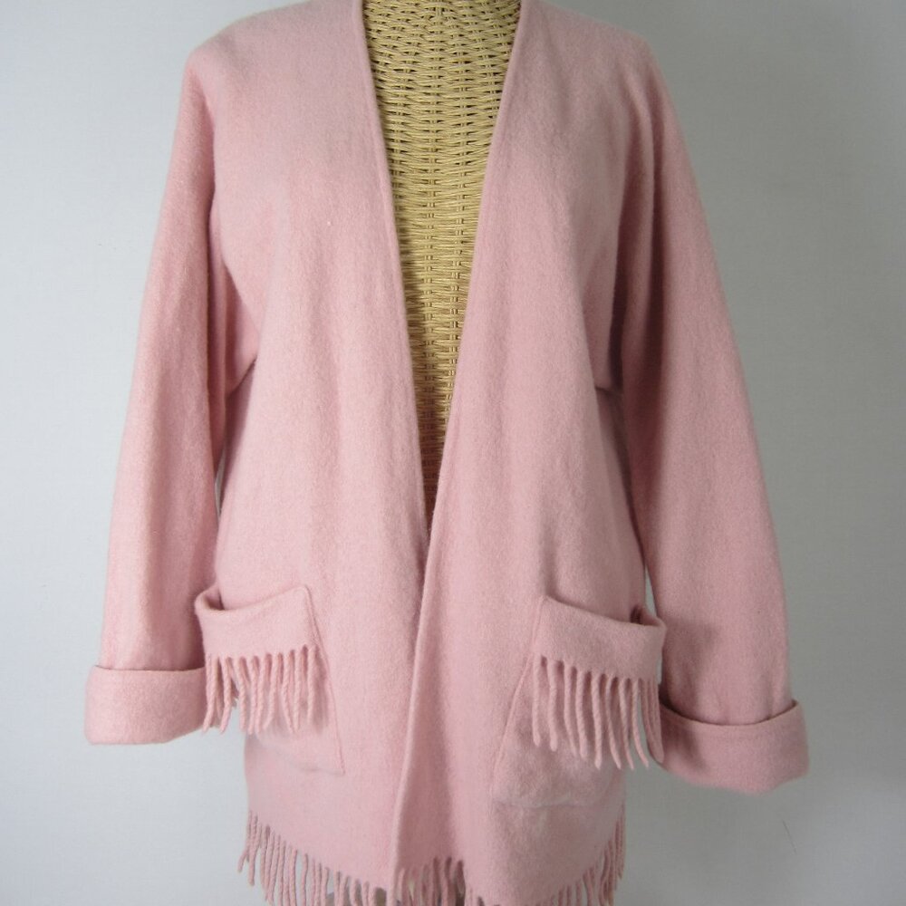 Vtg Laurence Tavernier Womens 100% Wool Eponyme Poncho Pastel Pink Fringe FLAW